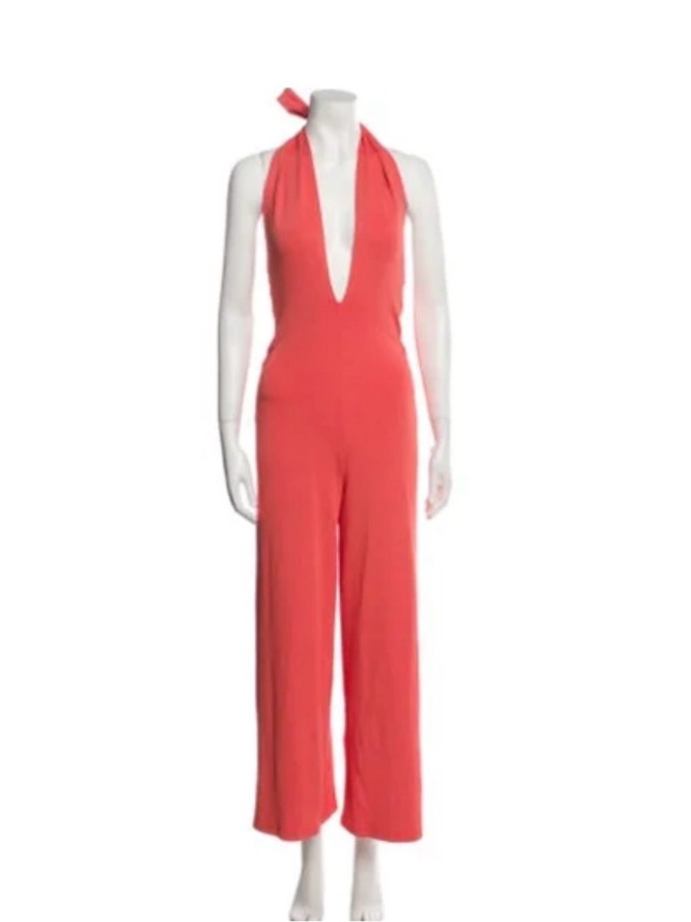 Ralph Lauren Purple Label Coral Halter-Plunge Wide-Leg Jumpsuit